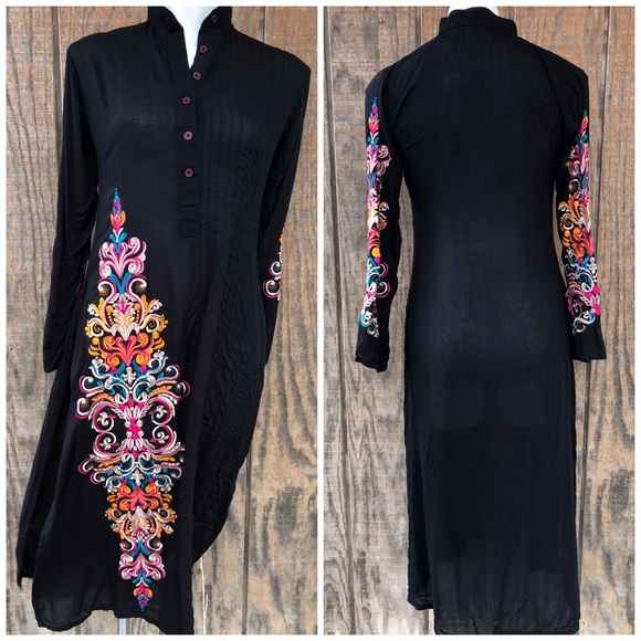 Malik’s Tops - Black Kurta Embroidered Dress Tunic Shirt